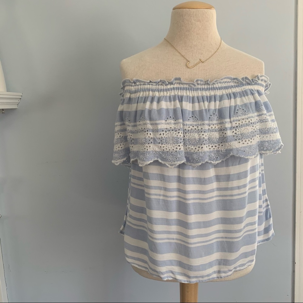 AEO off shoulder eyelet scallop ruffle blue stripe - Picture 11 of 15